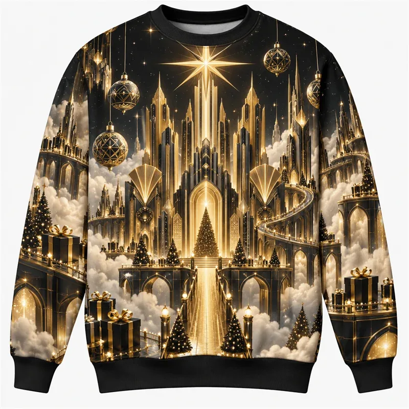 クリスマスファンタジースウェットシャツトレインキャッスルカルーセルエンジェルポーラーベアクルーネッククリスマスプルオーバーホリデーパーティーストリートウェアギフトトップ