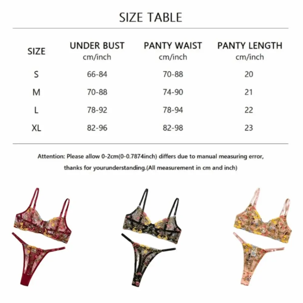 2-Piece Floral Lingerie Set Sheer Versatile Underwear Intimates Embroidery Underwire Push-up Bra Panty Set For Lady Girl