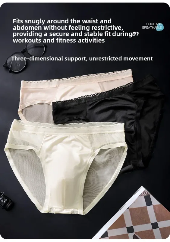 Male Glossy Silk Satin Briefs High Rise Lace Trim Ice Silk Underwear Soft Breathable U Pouch Men Panties — image 3