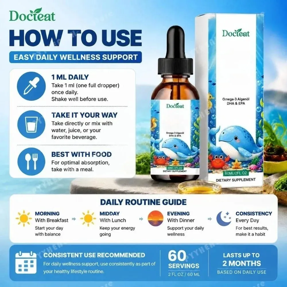 Docteat növényi alapú omega-3 algaolaj DHA EPA folyékony cseppek gyerekeknek agy egészsége Vegán, nem GMO-mentes napi táplálkozás narancs 60 adag