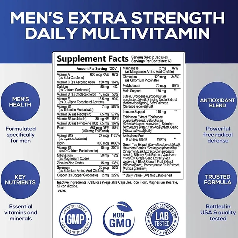 Men's Multivitamin Supplement - Provides Energy and Endurance Supports Heart Brain Health and Vitality