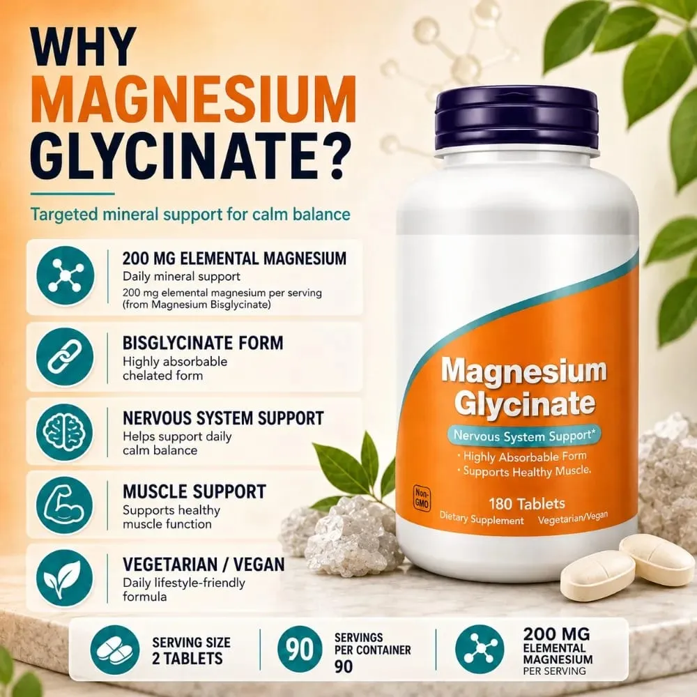 Magnesium Glycinate Tablets 200mg High Absorption Vegan Non-GMO Formula for Nervous System Muscle Relaxation Support 180 Count