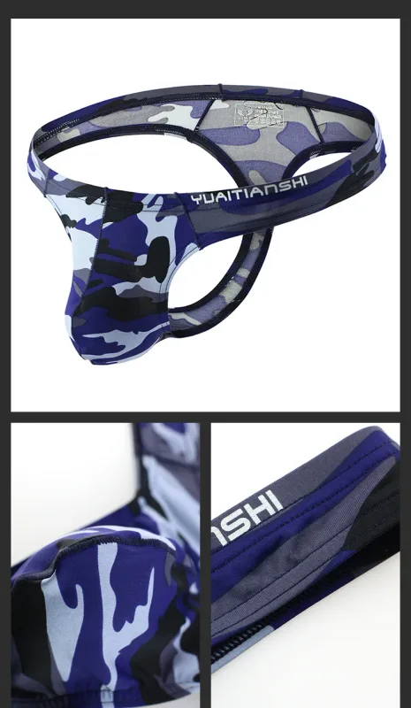 Men's Camo Print thong Gay Underwear Breathable 3D-Pouch Men G-String Bikini Elastic Waistband T-pants Seamless Male T-back