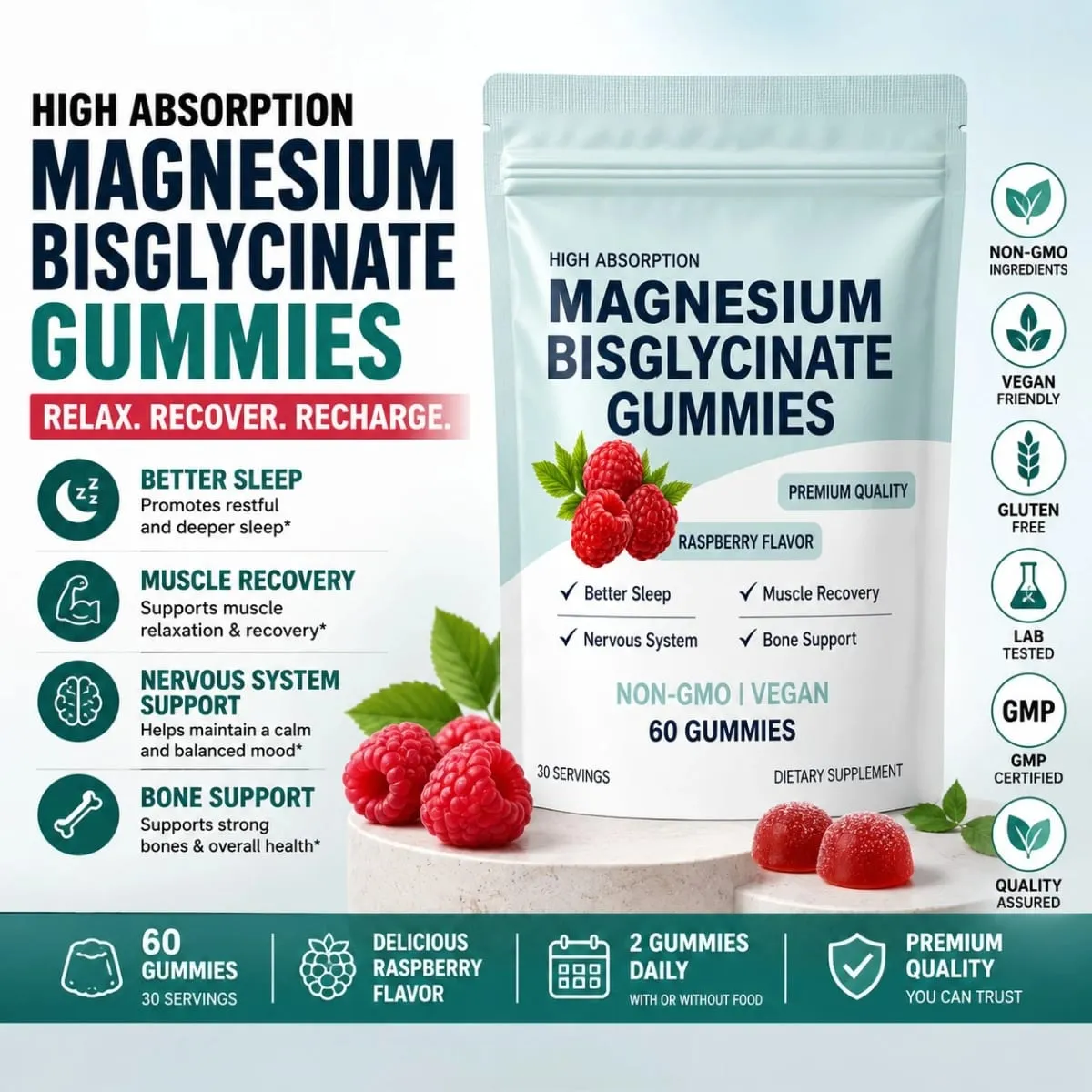 Bisglycinate Magnesium Gummies Chelated Magnesium Daily Mineral Support Vegan Raspberry Flavor Non-GMO Free Gluten 60 Count