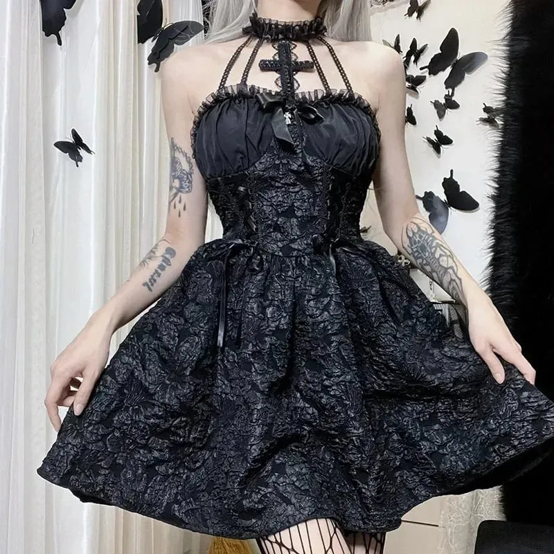 Mall Gothic Emo Jacquard Φορέματα σε γραμμή Α Goth Φόρεμα Κομψό Grunge Ruched Bandage Partywear Punk Black Women Halloween Club Dress