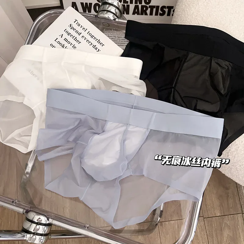 Transparent Men's Briefs Ultra-thin Ice Silk Quick Dry Panties Sexy U Bulge Pouch Man Underwear Breathable Underpants Cuecas