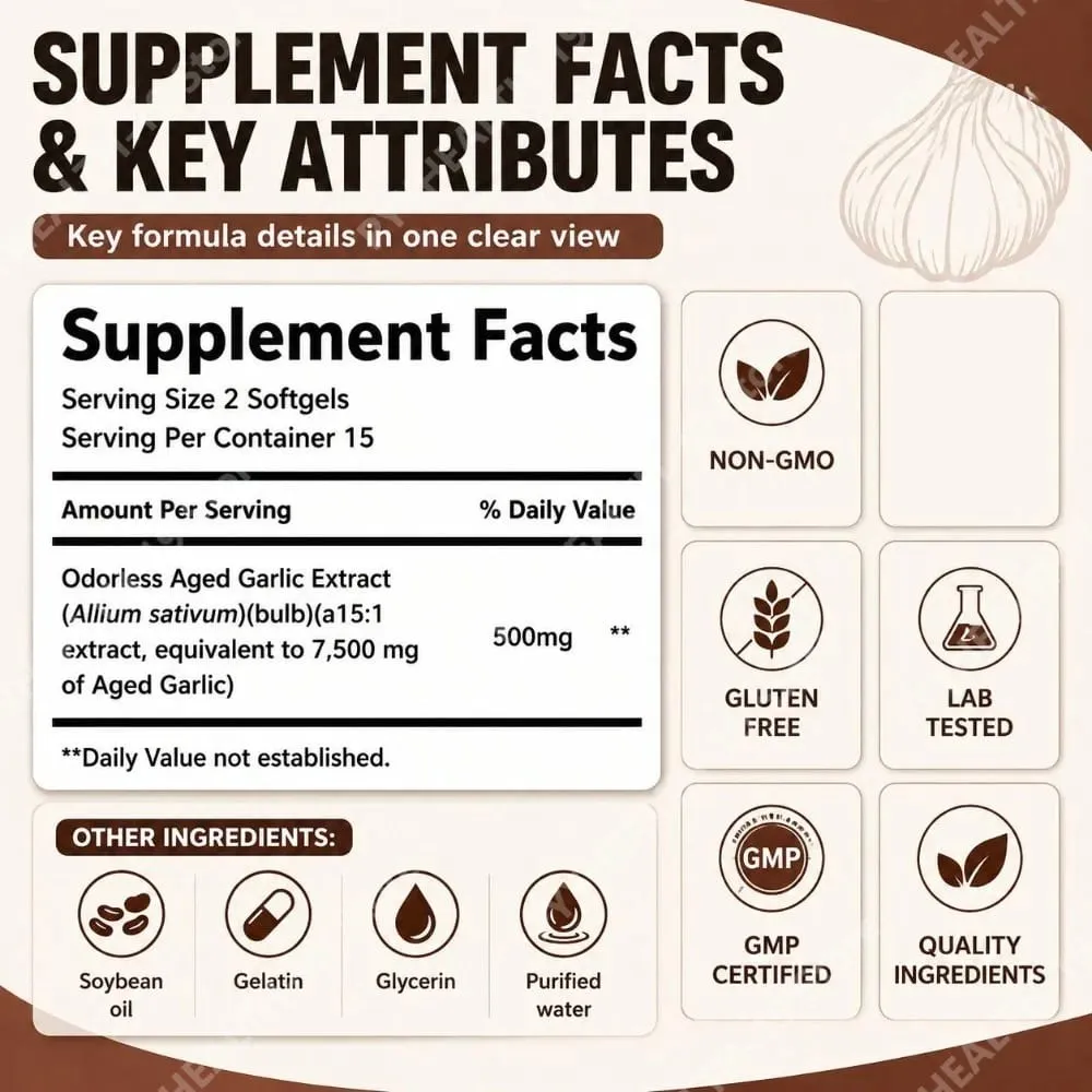 Odorless Aged Garlic Extract Softgels 7500mg Equivalent 24-Month Fermented For Immune Cardio Metabolic Support Adult 30 Count