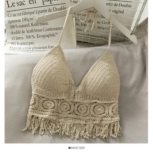 Crop Tops Ρετρό Wild Hollow με προοπτική φούντα Σέξι σπαγγέτι λουράκι Tanke Top Γυναικεία ενσωματωμένα σουτιέν Νέα πλάτη δαντέλα λαιμόκοψη