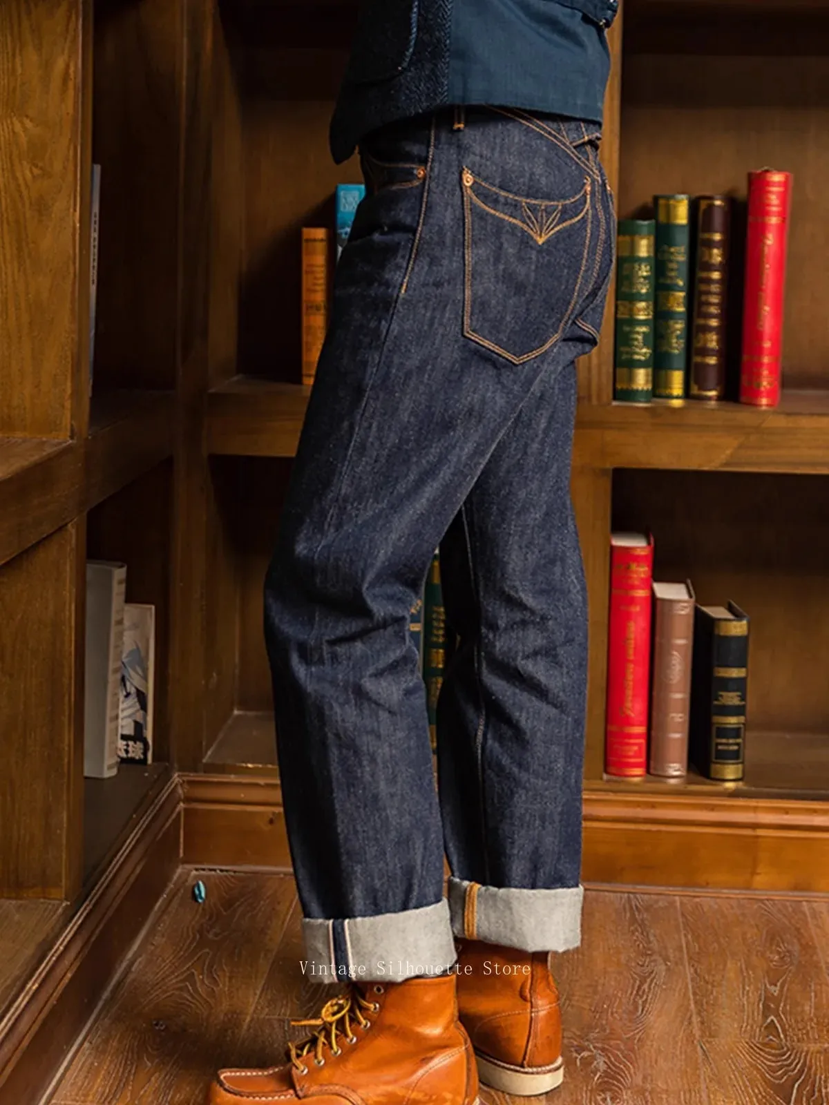 Κόκκινο τζιν Tornado 350 Selvedge με σχέδια με ραφές τσέπης Πόρπη πίσω 14oz Ακατέργαστο τζιν παντελόνι — image 2
