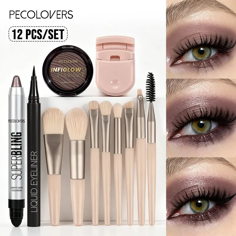 12PCS/SET Shimmer Eye Shadow Pen & Palette Liquid Eyeliner Lash Curler Eye Makeup Brushes Waterproof/Long Lasting — image 4