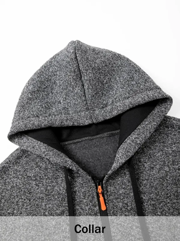 2Pcs 세트 남성 중간 길이 전체 지퍼 후드 자켓 양털 안감 따뜻한 코트와 Drawstring 후드 & 지퍼 포켓 캐주얼 겉옷 가을 겨울 데일리웨어