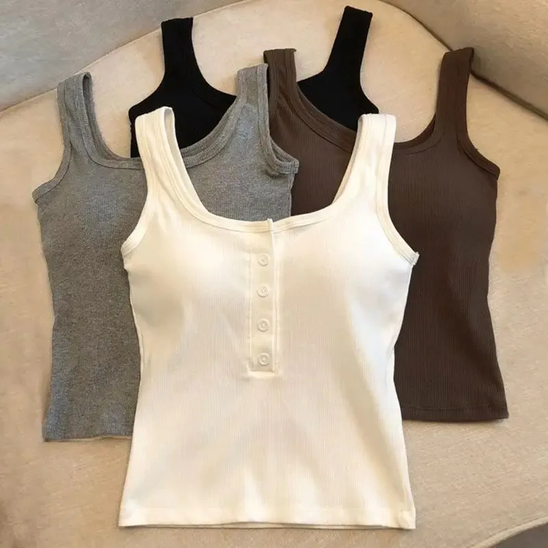 1Pcs Women's Ribbed Henley Tank Top Square Neck Button Front Built-in Bra Sleeveless Camisole