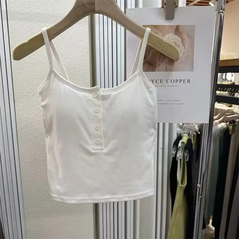 Integrated Stripe Women's Vest Inner Wear Outer Wear Button Fixed Cup No Bra Sports Top Short Style Cotton 100% Short Vest — image 14