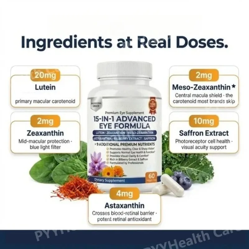 15-in-1 Advanced Eye Formula Supplement with Lutein Zeaxanthin Bilberry& Premium Nutrients Supports Healthy Vision 60Veggie Caps