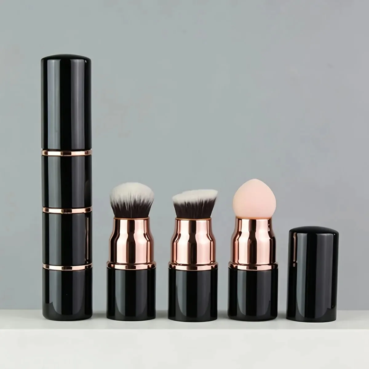 3in1 Mini Portable Makeup Brush with Dust Cap Detachable Sponge Angled Foundation & Powder Heads Bionic Hair Sturdy Aluminum — image 5