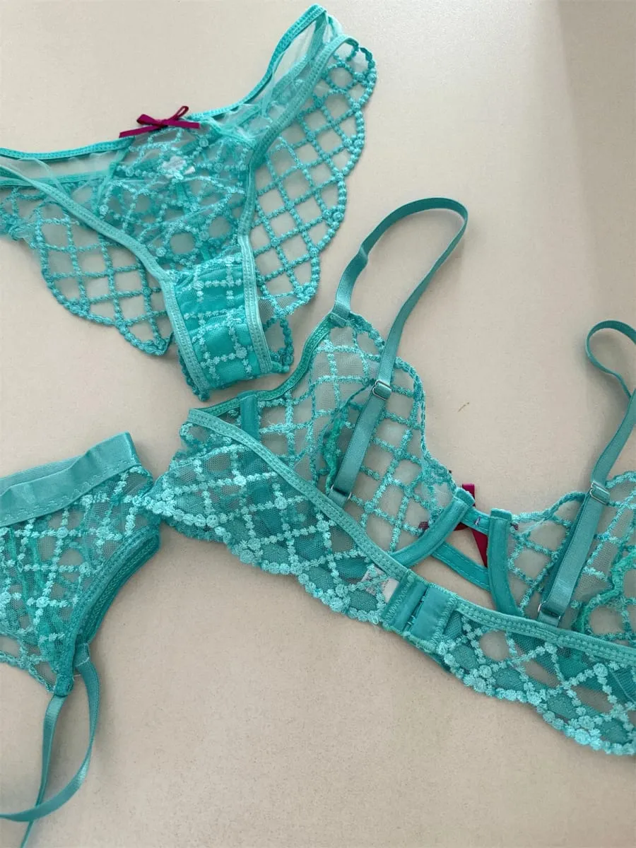 Mermaid blue three-piece lingerie set of thin large breast underwear sexy lace bra breathable romantic bras with underpants suit — image 4
