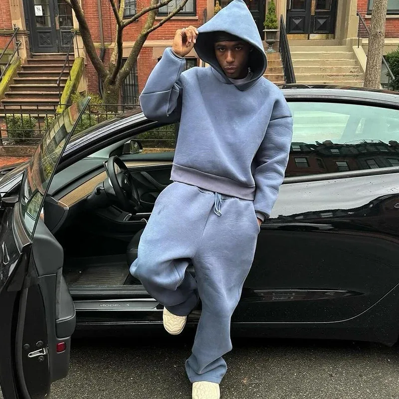 Erkek Sonbahar Yeni 2 Parça Set Rahat Katı çiftin Kapşonlu Kazak Gevşek Sweatpants Koşu Kazak Pantolon Kıyafetler Takım Elbise — image 3