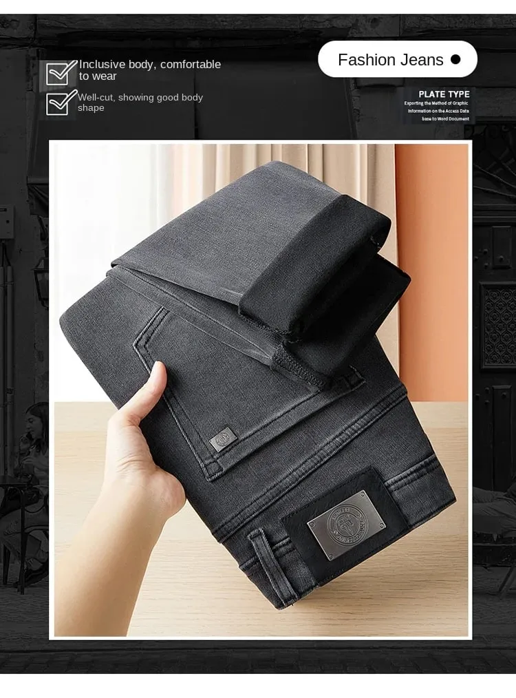 Light Luxury Gray Jeans for Men 2024Autumn and Winter Simplicity Fashionable All-Match Slim-Fit Stretch Casual High-End Trousers