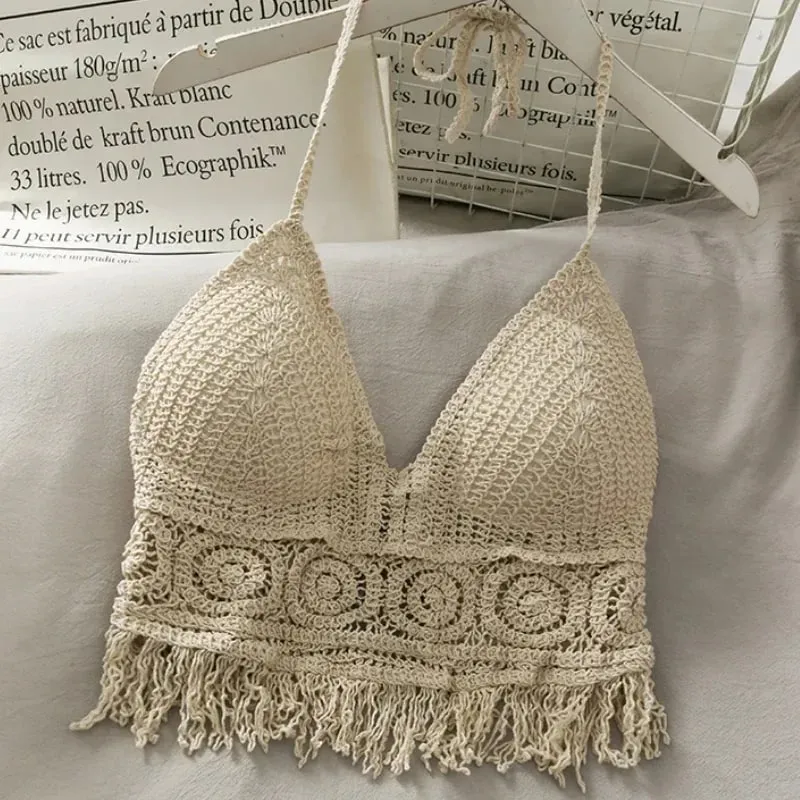 Crop Tops Ρετρό Wild Hollow με προοπτική φούντα Σέξι σπαγγέτι λουράκι Tanke Top Γυναικεία ενσωματωμένα σουτιέν Νέα πλάτη δαντέλα λαιμόκοψη