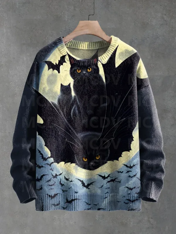 Niedlicher schwarzer Katzen-Blumen-Vögel-Kunstmuster-Druck, lässiger Strickpullover, klassischer Pullover für Herren und Damen