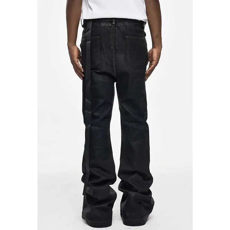 2026 High Street Coated Brushed Micro-flared Floor-length Jeans for Men Retro Street Wear Loose Micro-elastic Waxed Pants — image 6