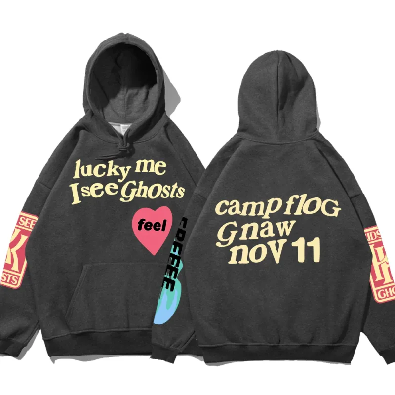 Moletom com capuz solto estampado com grafite Kanye Moletom masculino oversized Luck Me I See Ghosts Camisola com capuz Unissex Camisola com capuz