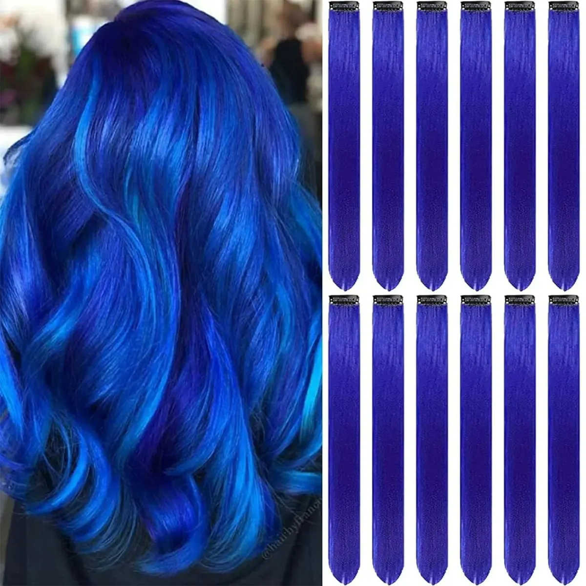 Clip in Hair Extensions Colored Party Highlights 22 inches 6pcs/pack Multi-colors Straight Hair Synthetic Hairpieces Royal Blue — image 10