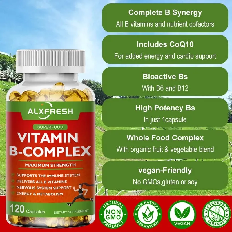 Alxfresh Vitamin B Complex with Vitamin C - Immune Health Energy Support & Nervous System Support - Non-GMO Vegetarian Capsule