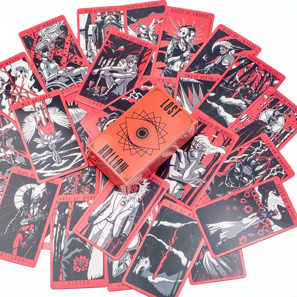 Lost Hollow Tarot 80 kártyás játékkészlet útmutatóval - piros aranyozott élekkel, tökéletes családi bulikhoz, kompakt méret 10,3x6 cm