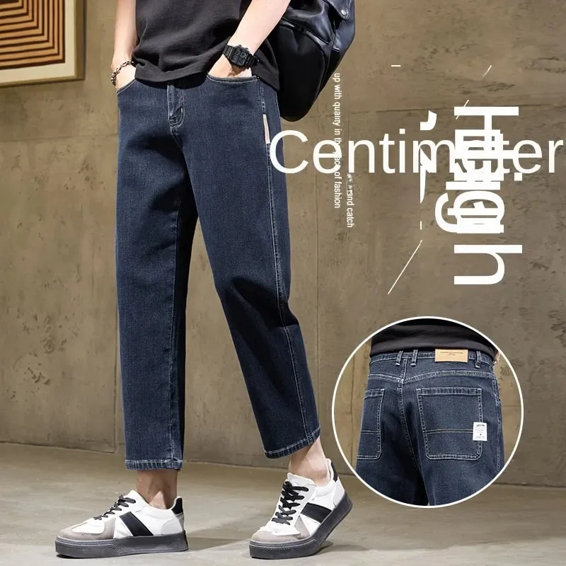 Men's Baggy Straight Leg Jeans Casual Stretch Denim 9-Length Comfortable Loose Trousers Spring Autumn Versatile Wide-Leg Pants