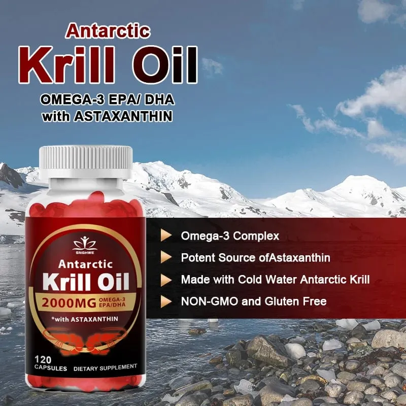 Antarctic Krill Oil-2000mg Per Serving-with Omega-3s EPA DHA & Astaxanthin-Supports Healthy Joints Brain Heart& Blood Pressure