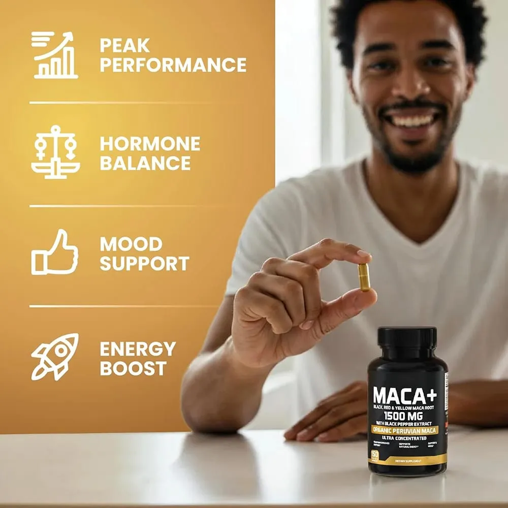 Βιολογικές κάψουλες Maca Root Powder 1500mg με Μαύρο+Κόκκινο+Κίτρινο Περουβιανό συμπλήρωμα ρίζας Maca για άνδρες και γυναίκες - Vegan χάπια — image 3