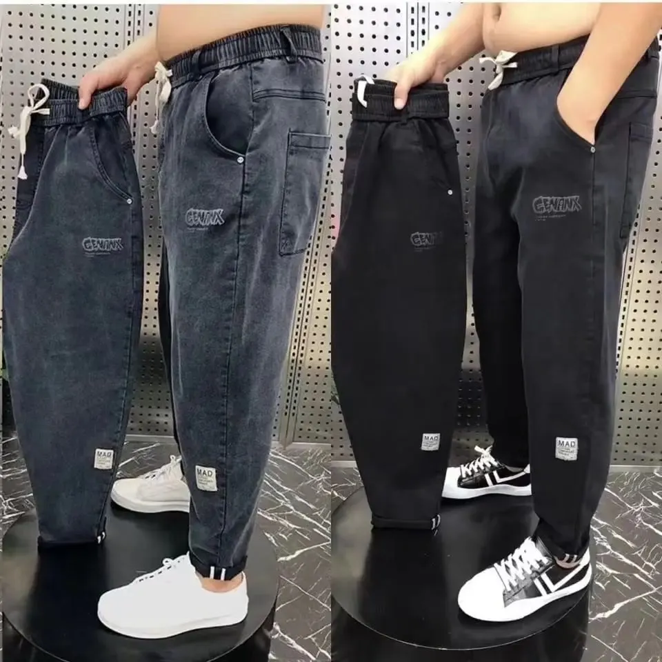 Harajuku Stretch Korea Streetwear רופף ג'ינס ג'ינס מוצק מותן אלסטי לגברים אביב קיץ חדש פלוס מידה 7XL 8XL מכנסיים מזדמנים