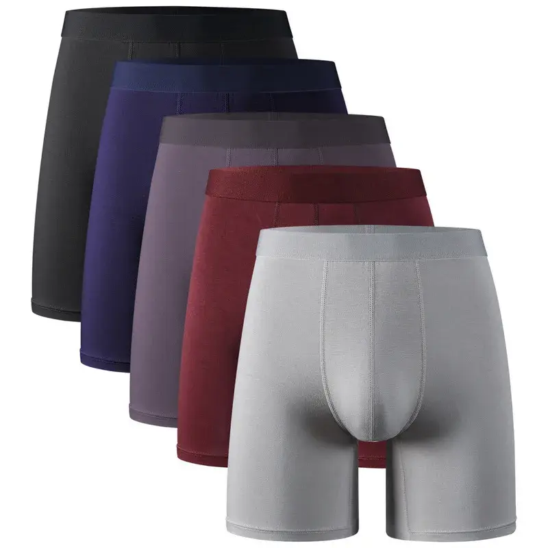 5pcs 95% Bamboo Fiber 5% Spandex Men's Length Long Leg Boxer Classic Design Comfortflex Waistband Underwear Man Sports — image 1