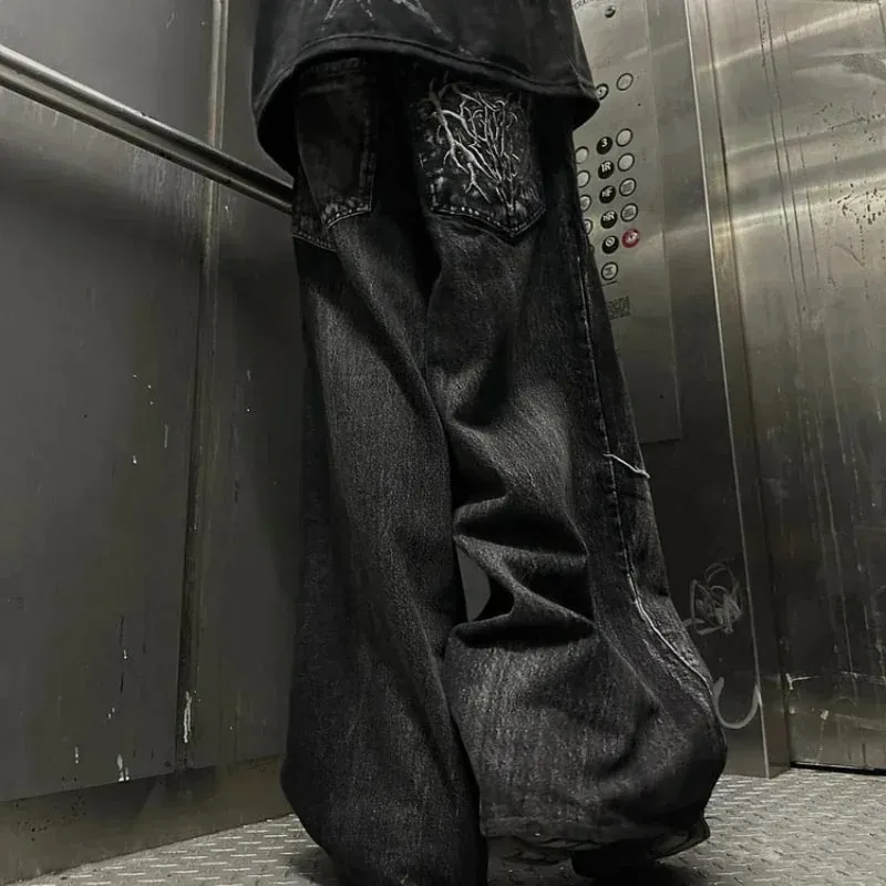 Y2K Baggy Jeans וינטג' דפוס רקמה שחבור ג'ינס באיכות גבוהה היפ הופ גותי Streetwear גברים נשים ג'ינס רחב רגליים מזדמנים — image 4