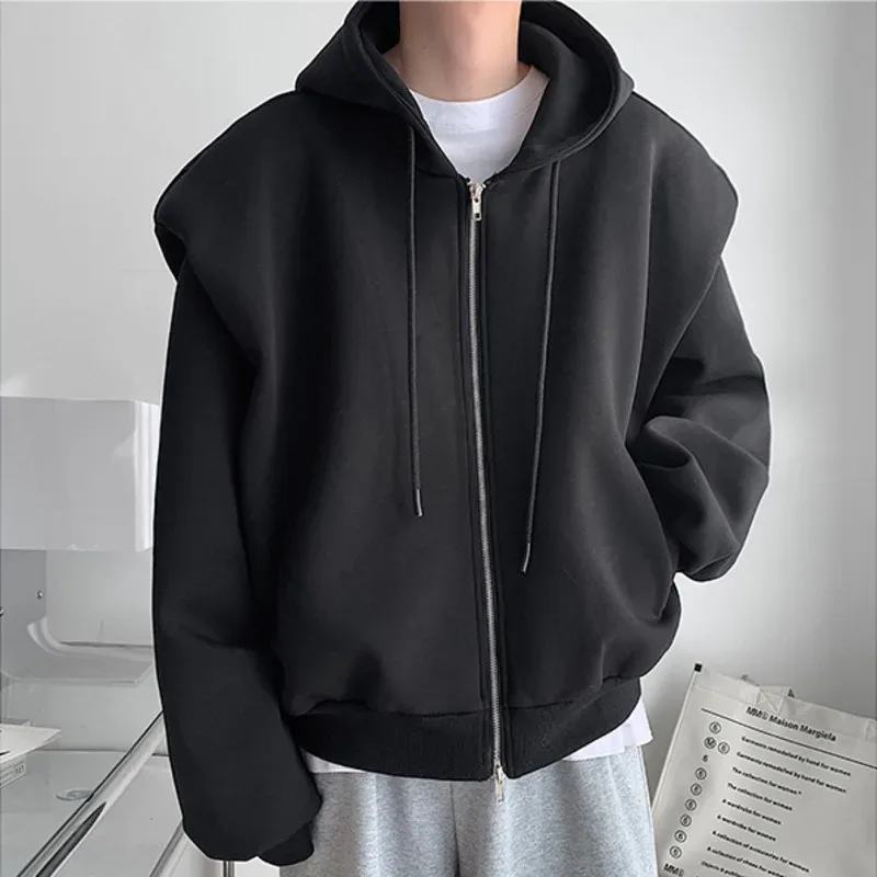 2024 otoño nuevo diseño de hombro acolchado ropa de calle firme hombres doble cremallera sudaderas con capucha Harajuku Casual sudaderas con capucha diarias