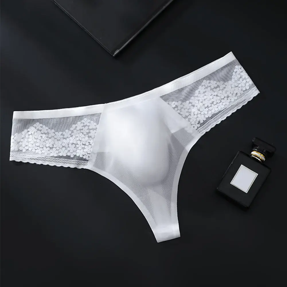 Breathable Men's Lace G-String Underwear Featuring Thin Seamless Ice Silk Fabric with 3D Bulge Pouch and Solid Color Design — image 2