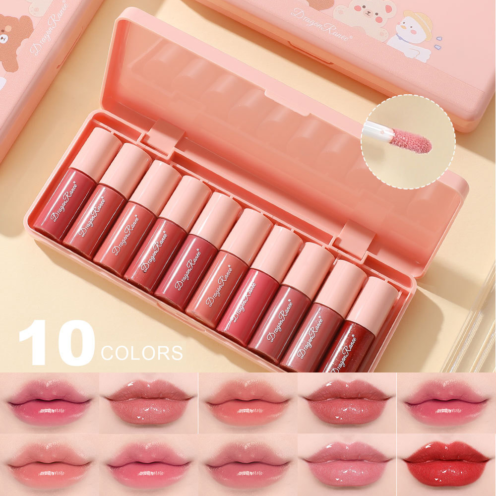 10Pcs/Box Mini Lip Gloss Σετ Αδιάβροχο Cartoon Lip Glaze μακράς διαρκείας ενυδατικό καθρέφτη Liquid Lipstick Cosmetic Lips Makeup — image 4