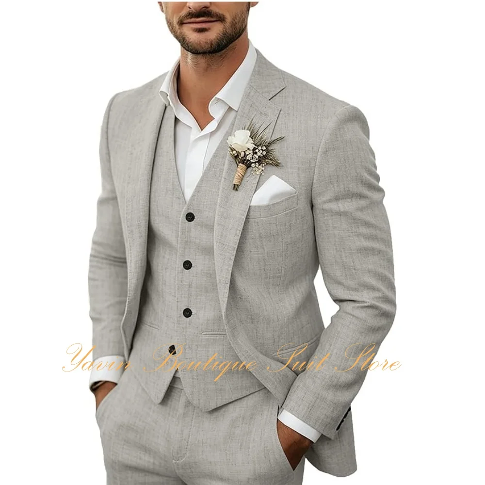 Summer Men's Linen Suits Casual Blazer 3 Piece Jacket Vest Pants Suit Set for Men Wedding Business Prom Tuxedo Suits — image 5