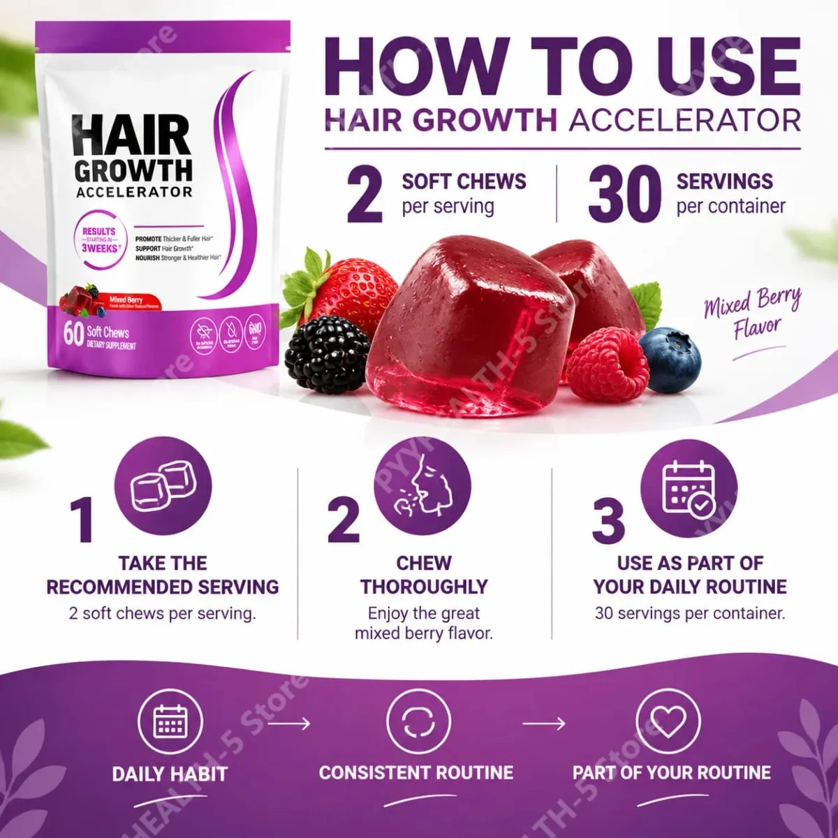 Συμπλήρωμα Biotin Hair Growth Soft Chews Support Fuller Thicker Hair Vitamin C & E for Healthy Hair Nourishment 60 Gummy — image 6