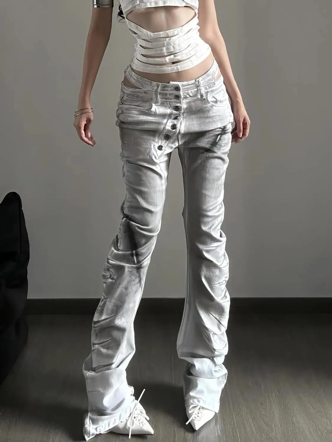 Női Amerikai Retro Y2K Flare Farmer Fehér Mosott Patchwork Y2K Vintage Hrajuku Punk Magas derekú Karcsú utcai viselet Farmer nadrág — image 7