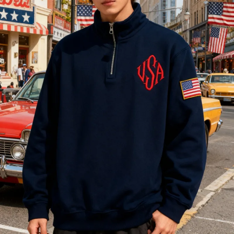 Sweat-shirt brodé drapeau américain Vintage, bleu marine, quart de zip, livraison rapide, Streetwear High Street Y2k, à la mode — image 5