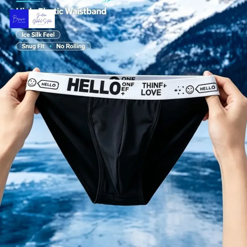 Men Trendy Ice Silk Bikini Briefs Hello Letter Print Moisture Wicking Breathable Athletic Underwear Stylish Cooling Underpants