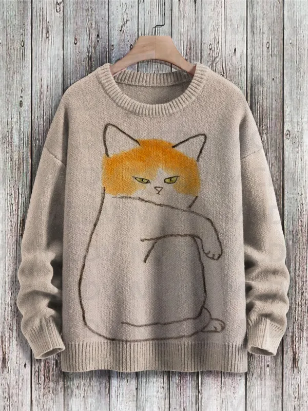 Niedlicher schwarzer Katzen-Blumen-Vögel-Kunstmuster-Druck, lässiger Strickpullover, klassischer Pullover für Herren und Damen