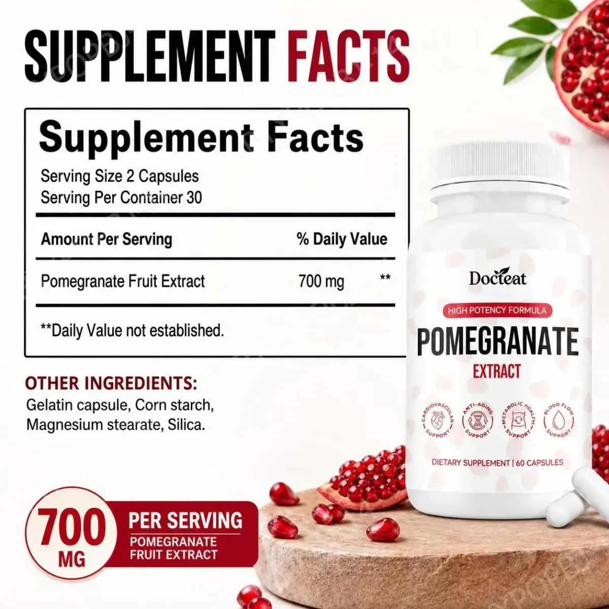 Docteat Pomegranate Fruit Extract Capsules Ellagitannin Antioxidant Defense Immune Support and Oxidative Balance 60 Capsules — image 3