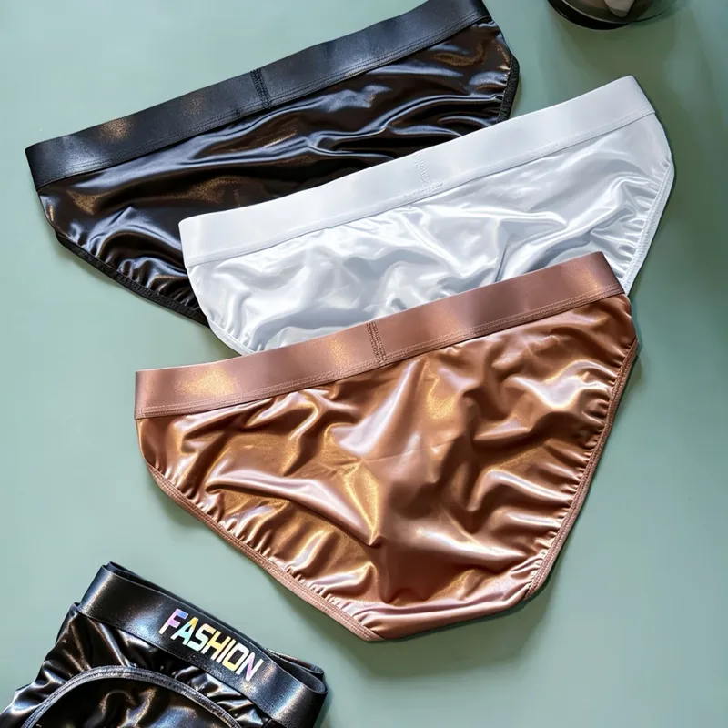 Men Glossy Satin-like Smooth Brief Ice-Silk Hip Wrap LargePouch Satin Silky Briefs Low Waist Gradient Letter Glossy Underwear