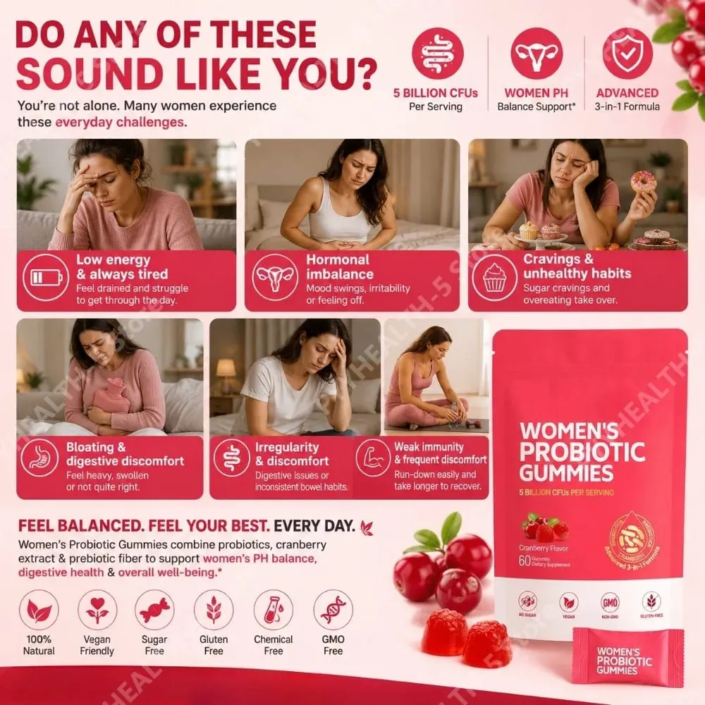 Women Probiotic Gummies with Prebiotic Fiber 5 Billion CFU Support Gut Digestive Balance Immune Defense Women PH Wellness 60 Ct