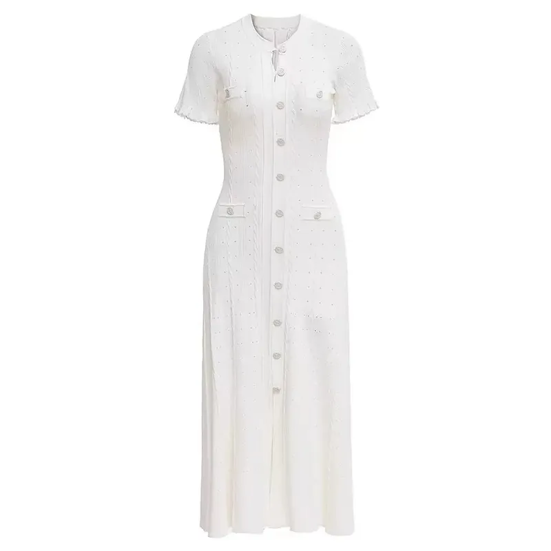 Vintage Cable Knit Midi φόρεμα με κουμπί μπροστά με βολάν με κοντό μανίκι σχέδιο τσέπης Κομψό πάρτι casual πλεκτό φόρεμα