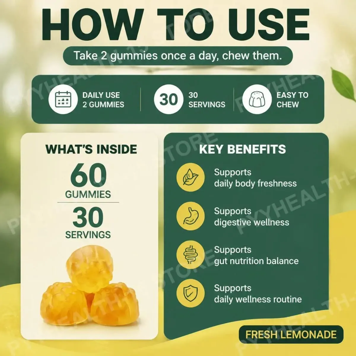 Docteat Chlorophyll Gummies Lemonade Gut Nutrition Balance με πρεβιοτική ινουλίνη και ίνες μήλου Digestive Wellness 60 Gummies — image 6