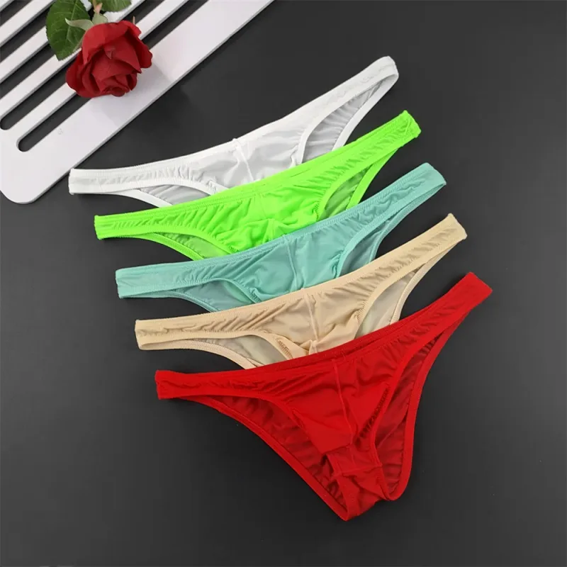 5Pcs New Youth Men's Ice Silk Brief U Pouch Underwear Low Waist Ultra Thin Transparent Underpants Sexy Plus Size Male Panties